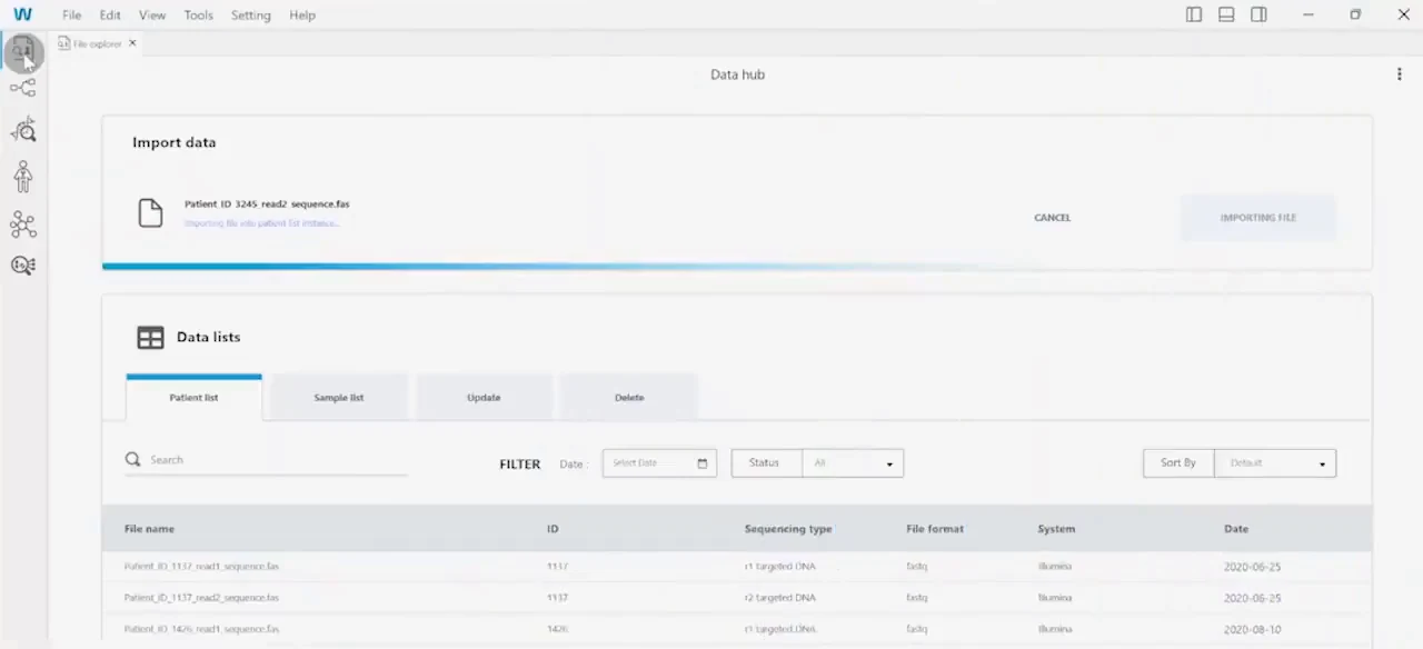 The file explorer’s data hub: a patient sequence file uploading with a progress bar, above a searchable, filterable patient list showing file name, ID, sequencing type, format, system and date.