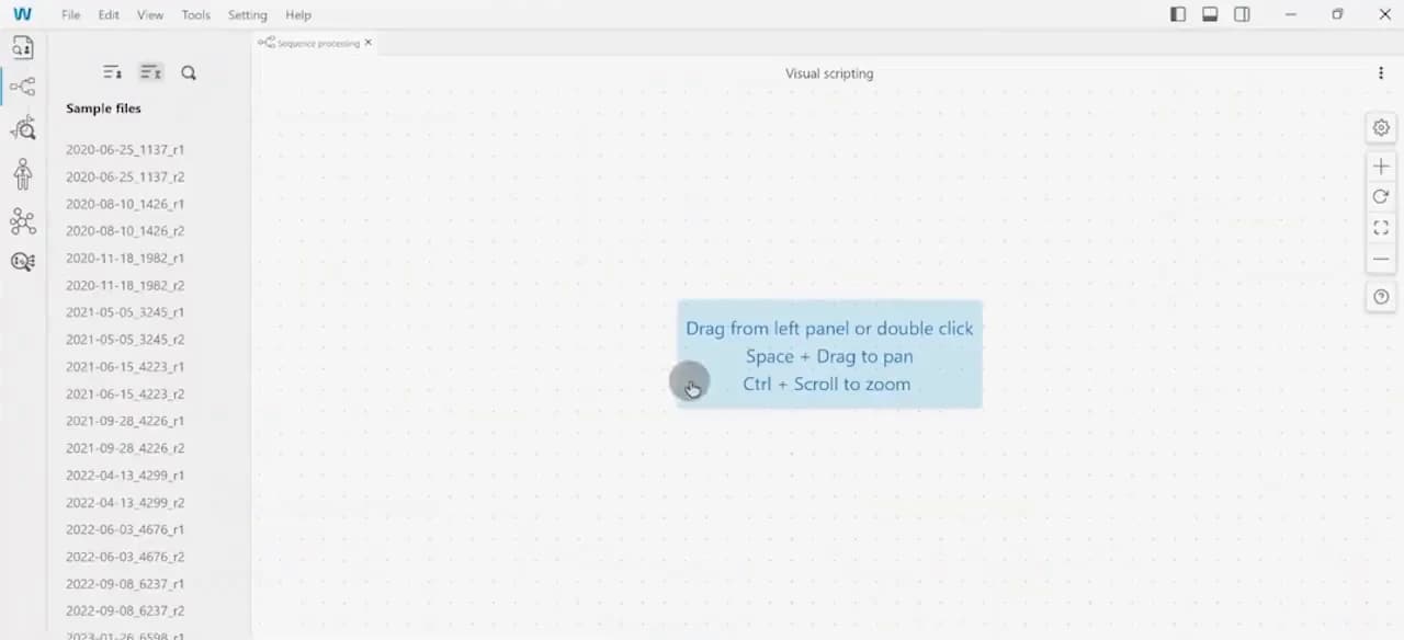 The visual scripting workspace: a sample-file list on the left and an empty node canvas with an onboarding hint about dragging, panning and zooming.