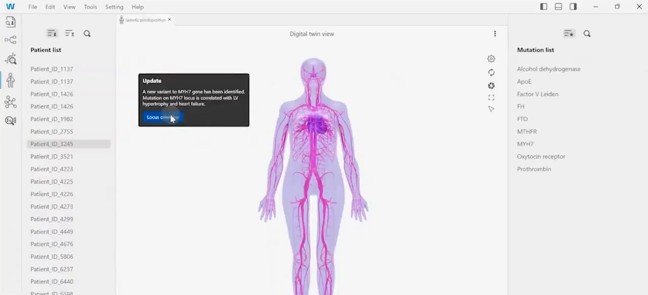 The genetic predisposition view: a digital twin of the patient’s circulatory system with the heart highlighted, a notification about a new MYH7 variant, and a mutation list on the right.