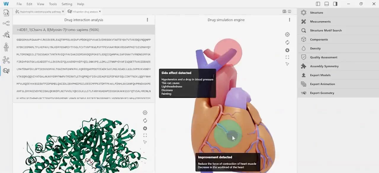 The drug simulation engine: a protein sequence and folded structure on the left, a 3D heart in the centre, and two simultaneous callouts — a detected side effect and a detected improvement.